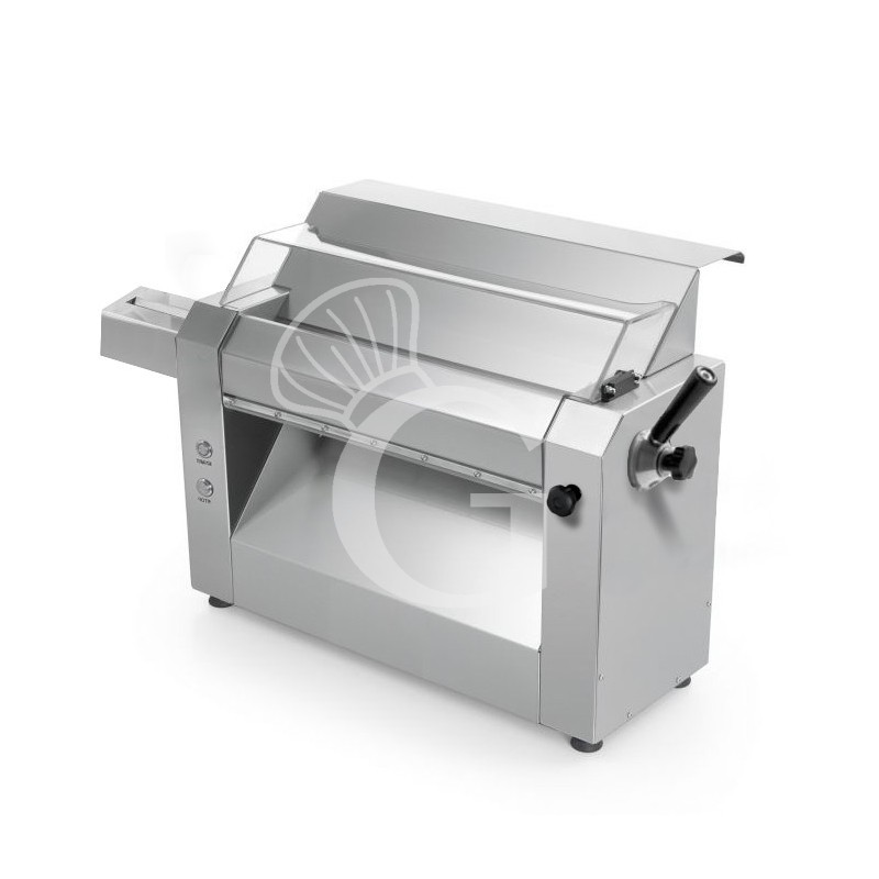 Teigausrollmaschine, elektrisch, mit Edelstahlwalzen (Ø 60 mm, Länge 420 mm), einphasig, B 375 mm x T 700 mm x H 545 mm Teigausrollmaschine, elektrisch, mit Edelstahlwalzen (Ø 60 mm, Länge 420 mm), einphasig, B 375 mm x T 700 mm x H 545 mm