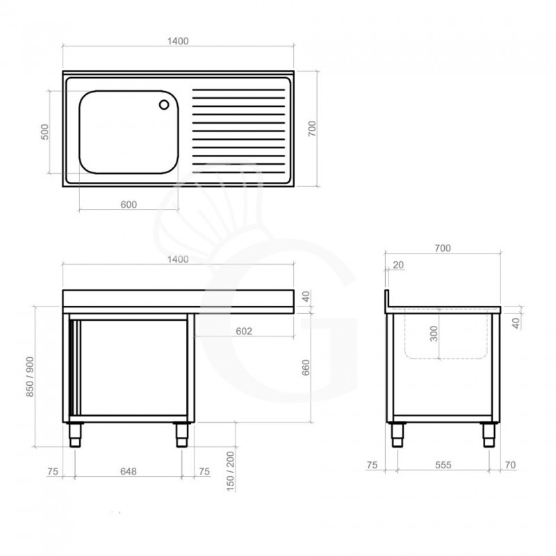 Spülmaschinen Spülschrank, Edelstahl, 1 Becken, Abtropffläche rechts, Flügeltüren,  B 1400 mm x T 700 mm x H 950 mm