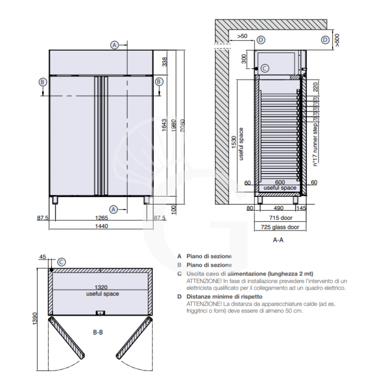 Kühlschrank (1200 Liter), Umluftkühlung, 2-türig, Temperatur -2°C /+10°C, Energieklasse G