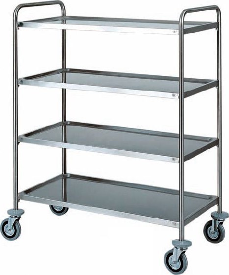 Servierwagen – Edelstahl – 4 Ablagen – Rohrgestell – B 900 mm x T 600 mm x H 1400 mm