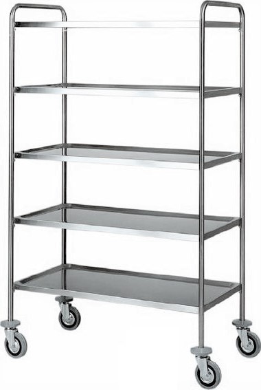 Servierwagen – Edelstahl – 5 Ablagen – Rohrgestell – B 900 mm x T 600 mm x H 1700 mm