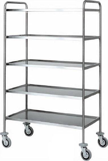 Servierwagen – Edelstahl – 5 Ablagen – Rohrgestell – B 1100 mm x T 600 mm x H 1700 mm