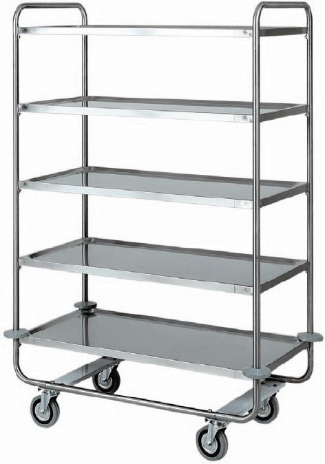 Servierwagen – Edelstahl – 5 Ablagen – B 1100 mm x T 600 mm x H 1600 mm