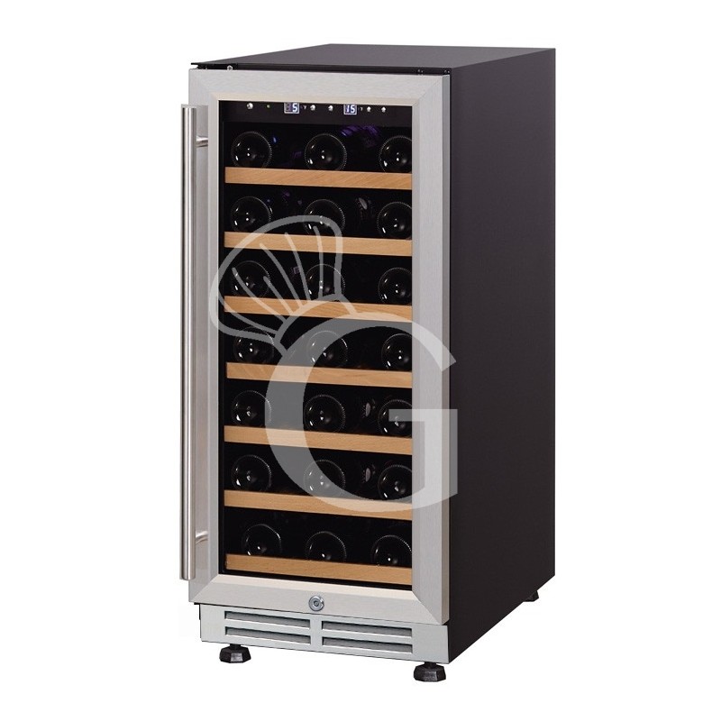 Einbau-Weinkühlschrank (100 L), 1 Kühlzone, 6 Fächer, 30 Flaschen, +5°C/+22°C, Umluftkühlung, Glastür mit Edelstahlumrandung