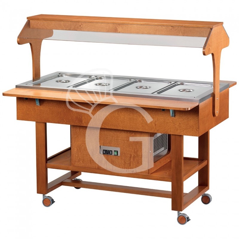 Speisenausgabewagen/Buffetwagen aus mehrschichtigem Birkenholz, gekühlt +2°/+10°C - B 1480 mm x T 1120 mm x H 1410 mm