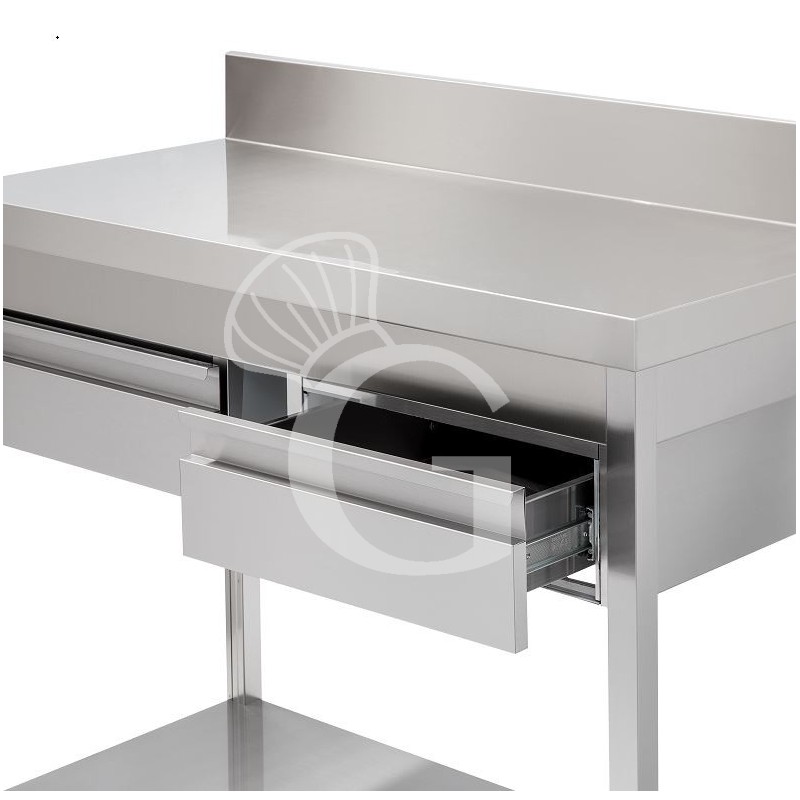Edelstahltisch, Grundboden, Aufkantung, 2 Schubladen, B 1200 mm X T 600 mm X H 965 mm