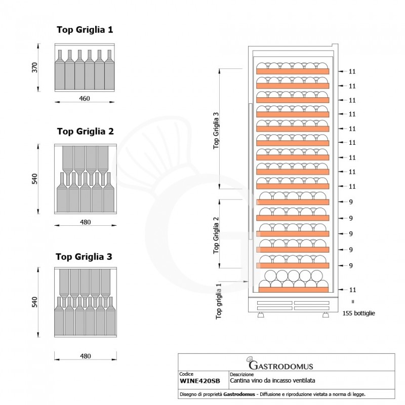 Einbau-Weinkühlschrank (420 L), 1 Kühlzone, 15 Fächer, 155 Flaschen, +5°C/+22°C, Umluftkühlung