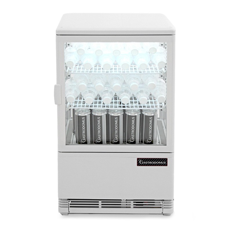 Weiße Mini-Getränkekühlvitrine (58 L), Umluftkühlung, Temperatur 0°C/+12°C, Energieklasse B