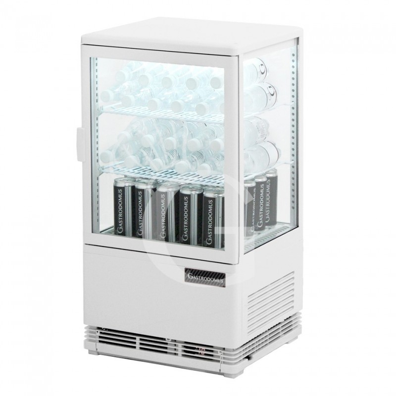 Weiße Mini-Getränkekühlvitrine (58 L), Umluftkühlung, Temperatur 0°C/+12°C, Energieklasse B