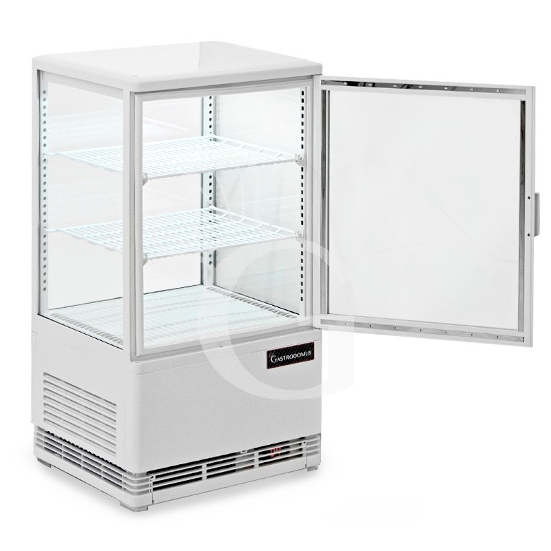 Weiße Mini-Getränkekühlvitrine (58 L), Umluftkühlung, Temperatur 0°C/+12°C, Energieklasse B