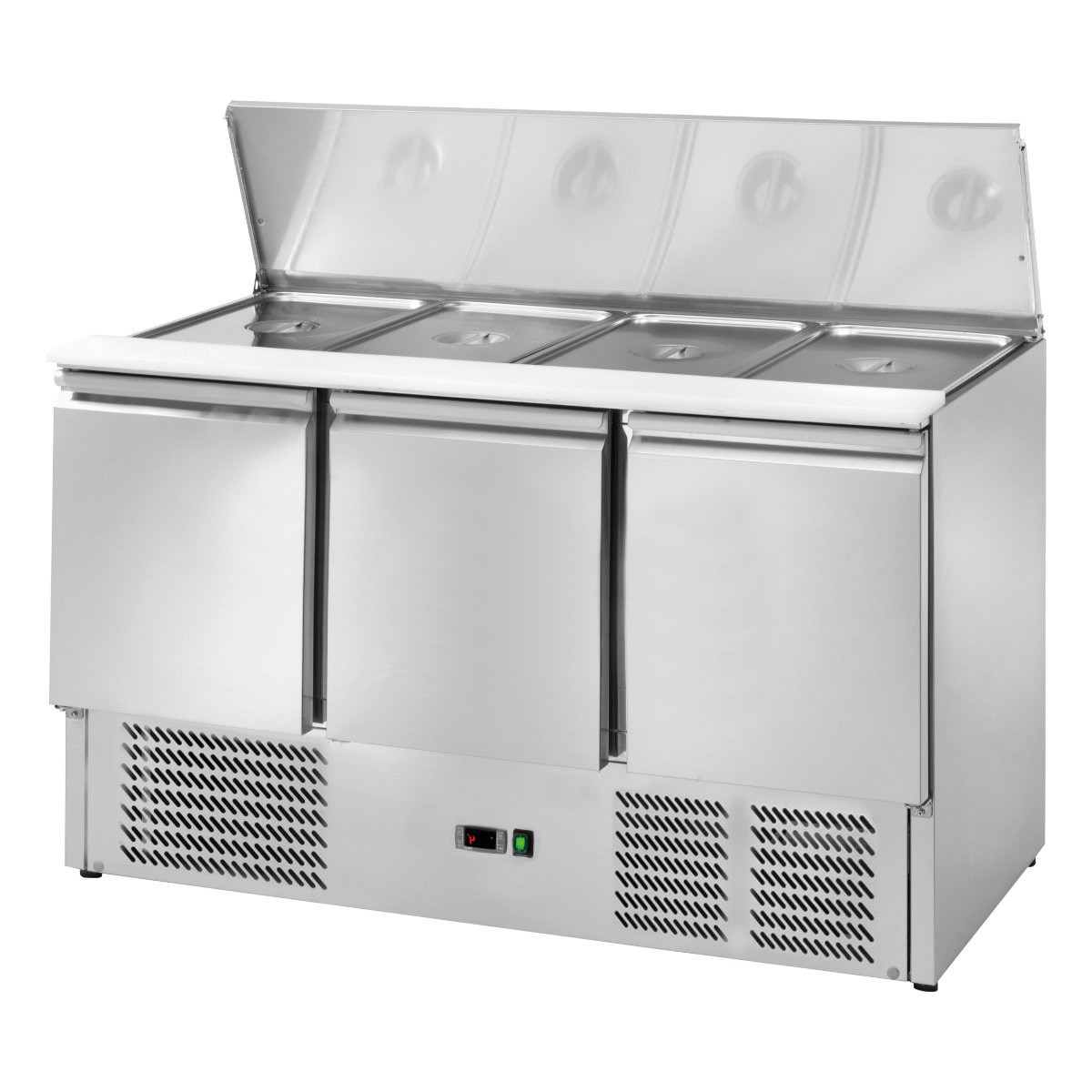 Saladette für 4 GN1/1-Schalen, 3 Türen, Edelstahldeckel und Polyethylen-Arbeitsplatte