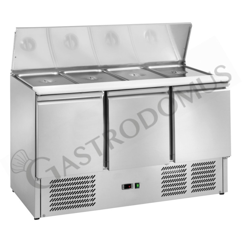 Saladette für 4 GN1/1-Schalen, 3 Türen, Edelstahldeckel und Polyethylen-Arbeitsplatte