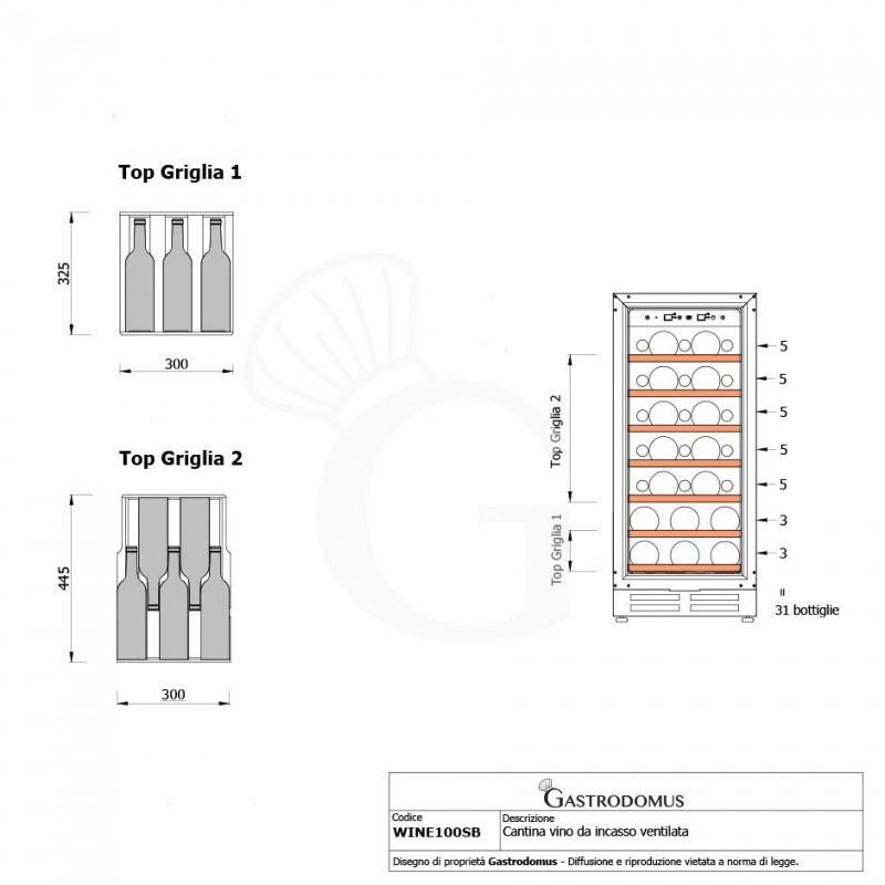 Einbau-Weinkühlschrank, Weinklimaschrank (100 Liter), 7 Fächer, 31 Flaschen, Temperatur +5°C/+22°C