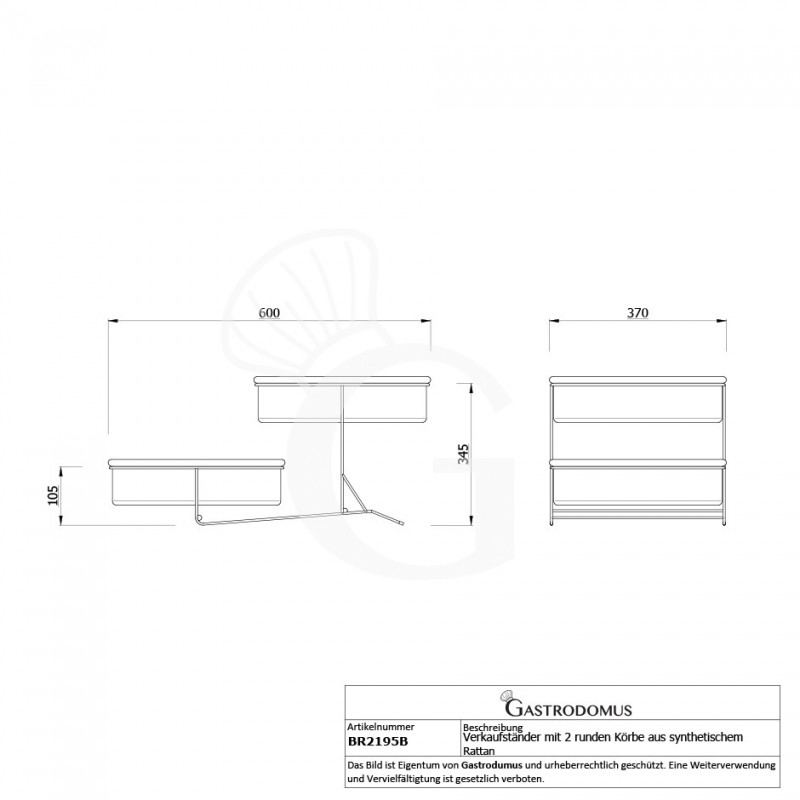VERKAUFSTÄNDER MIT 2 RUNDEN KÖRBE AUS SYNTHETISCHEM RATTANB 600 MM X T 370 MM X H 105/345 MM
