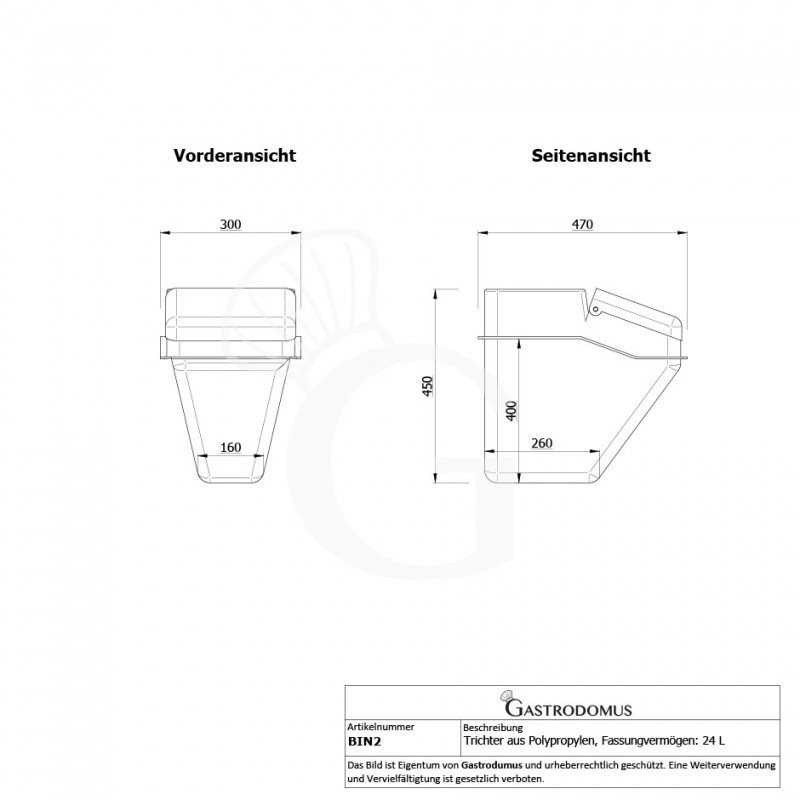 Zutatenbehälter, Polypropylen, 24 Liter, B 470 X T 300 X H 450 mm