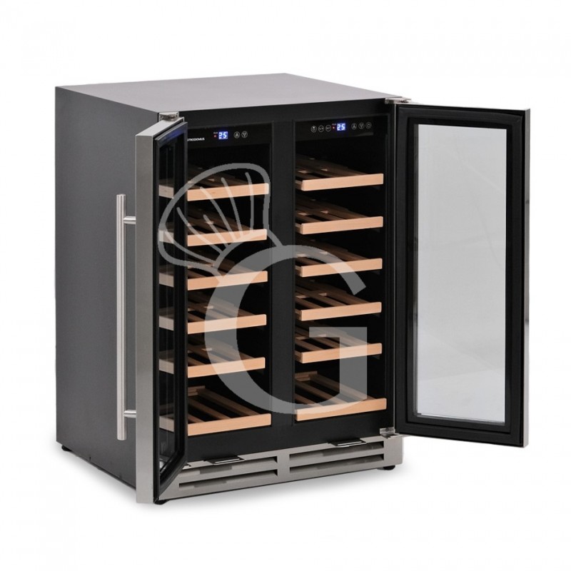 Einbau-Weinkühlschrank (120 Liter), 2 Kühlzonen, 11 Fächer, 121 Flaschen,+5°C/+22°C, Umluftkühlung, Tür mit Edelstahlumrandung