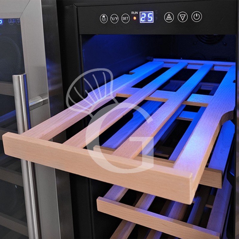 Einbau-Weinkühlschrank (120 Liter), 2 Kühlzonen, 11 Fächer, 121 Flaschen,+5°C/+22°C, Umluftkühlung, Tür mit Edelstahlumrandung