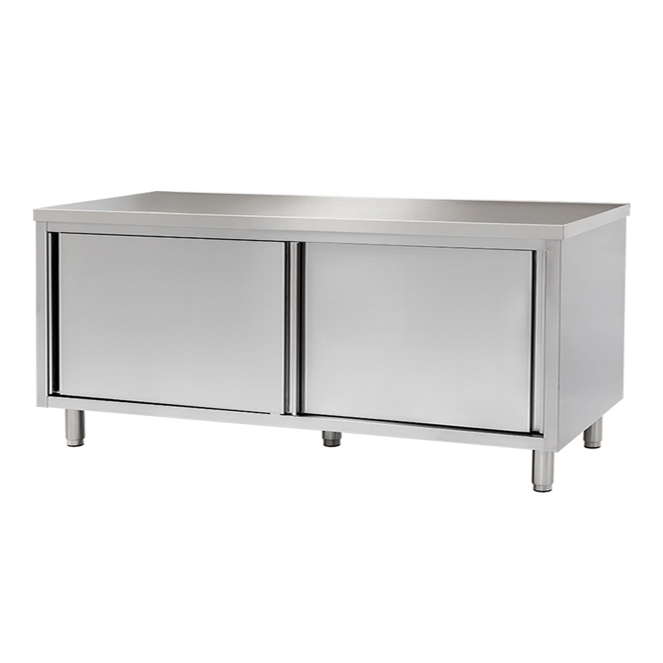 Schranktisch / Arbeitsschrank, Edelstahl, 2 Schiebetüren, B 1900 mm x T 700 mm x H 850 mm