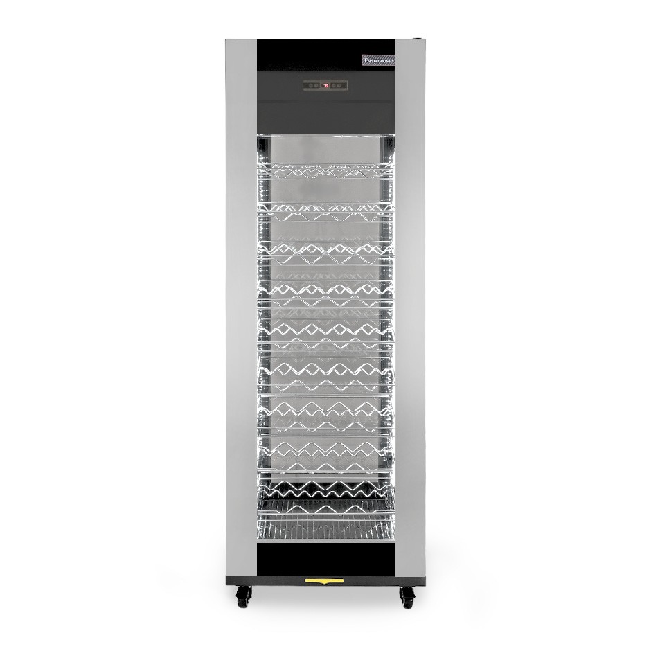 Weinkühlvitrine, 4-seitig verglast, Umluftkühlung, gewölbte Glastür mit Edelstahlumrandung, 9 Ablagen, 81 Flaschen, +5°C/+18°C