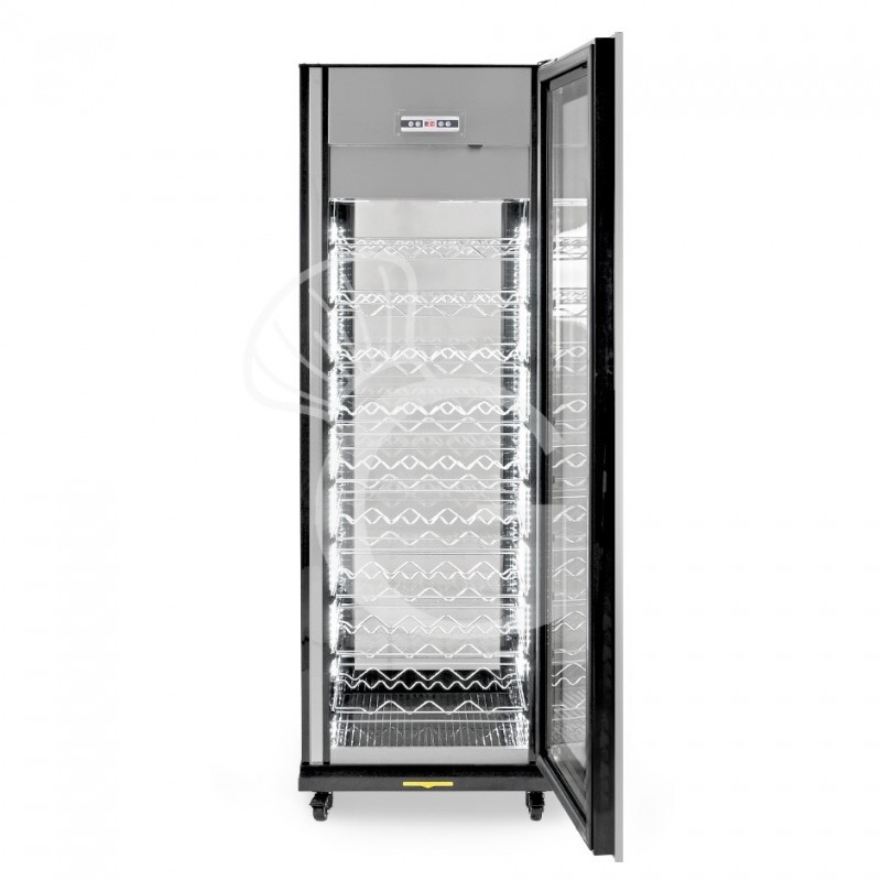 Weinkühlvitrine, 4-seitig verglast, Umluftkühlung, gewölbte Glastür mit Edelstahlumrandung, 9 Ablagen, 81 Flaschen, +5°C/+18°C