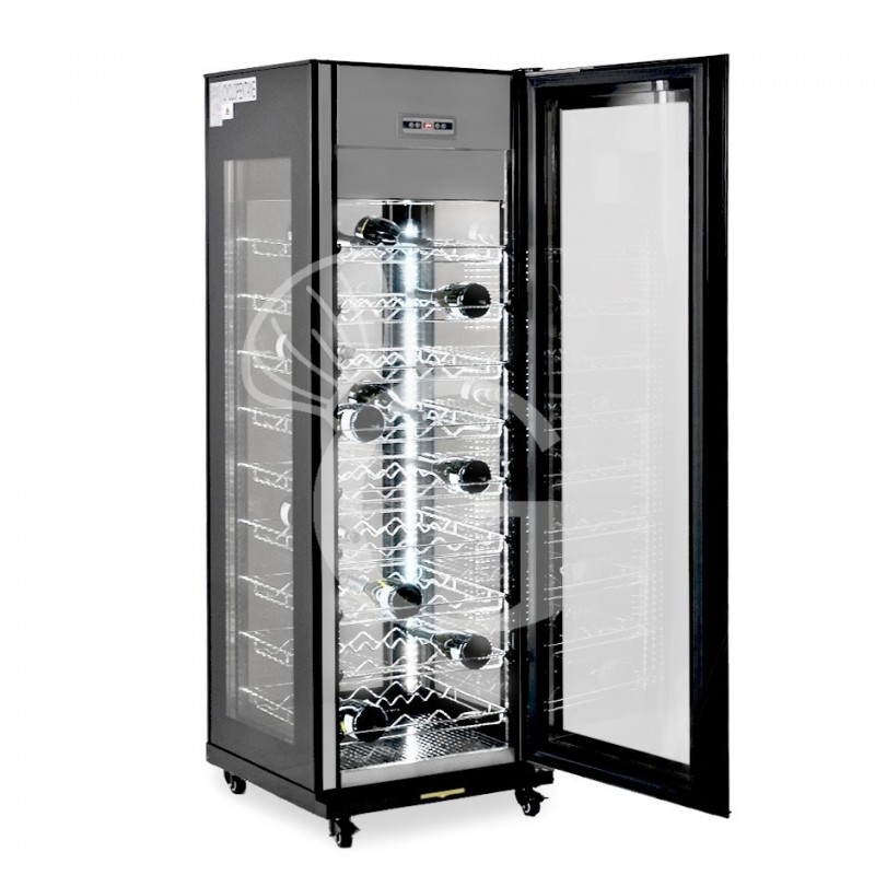 Weinkühlvitrine, 4-seitig verglast, Umluftkühlung, gewölbte Glastür mit Edelstahlumrandung, 9 Ablagen, 81 Flaschen, +5°C/+18°C