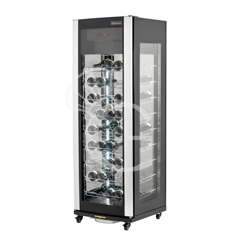 Weinkühlvitrine, 4-seitig verglast, Umluftkühlung, gewölbte Glastür mit Edelstahlumrandung, 9 Ablagen, 81 Flaschen, +5°C/+18°C