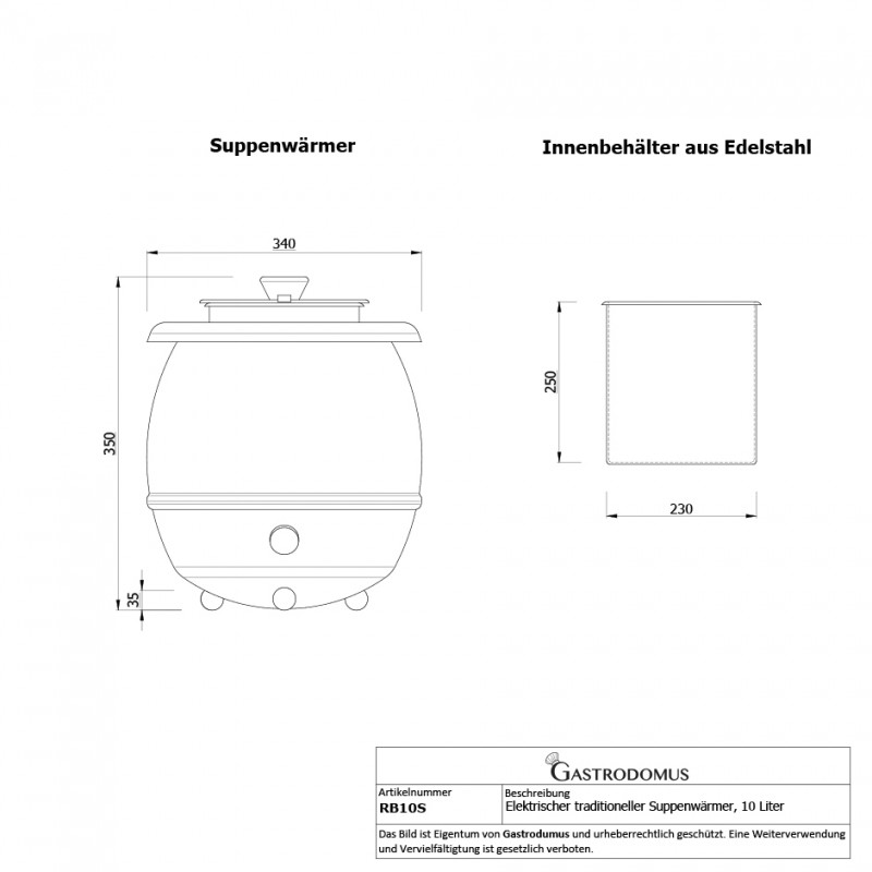Suppenkessel / Suppenwärmer / Suppentopf (10 Liter), Edelstahl, Ø 340 mm, H 350 mm