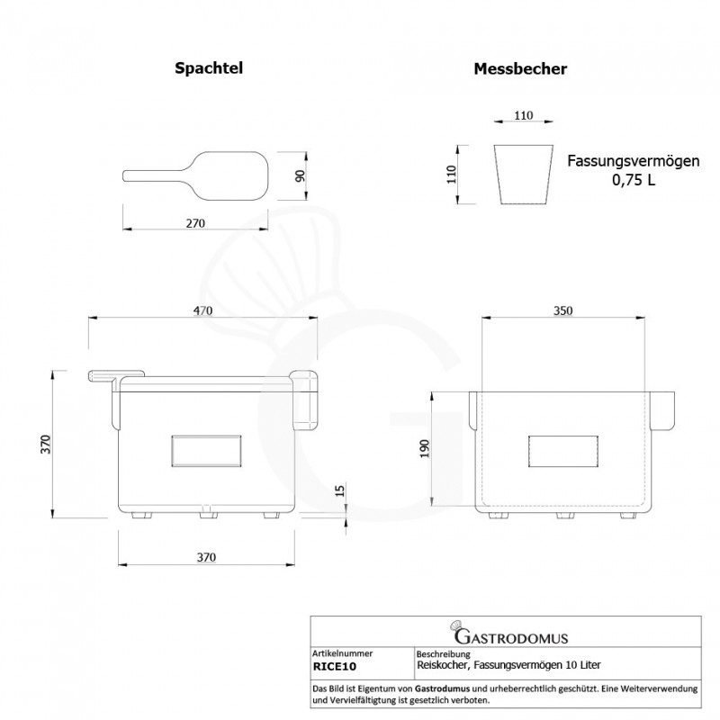 Reiskocher (10 Liter), Ø 470 mm, H 370 mm, 1,6 kW - Maße