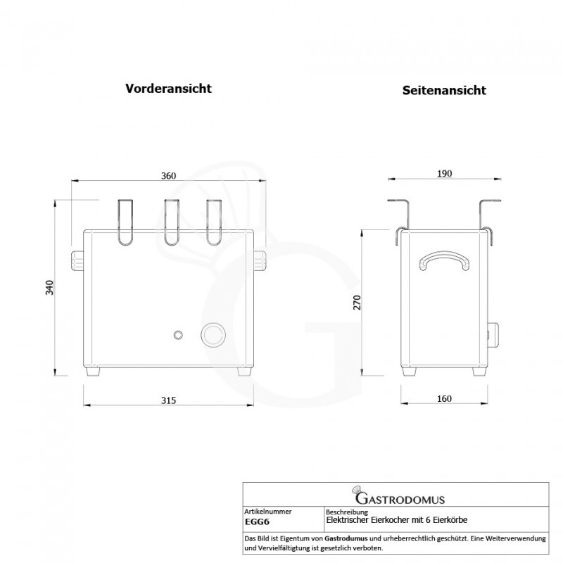 Elektro-Eierkocher, 6 Eierkörbe, 2.6 KW, B 360 mm x T 190 mm x H 340 mm