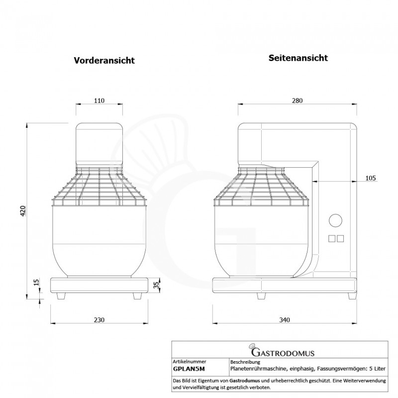 Tisch-Planetenrührmaschine, herausnehmbarer Kessel, 5 L, einphasig