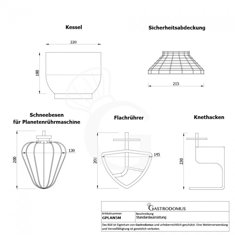 Tisch-Planetenrührmaschine, herausnehmbarer Kessel, 5 L, einphasig