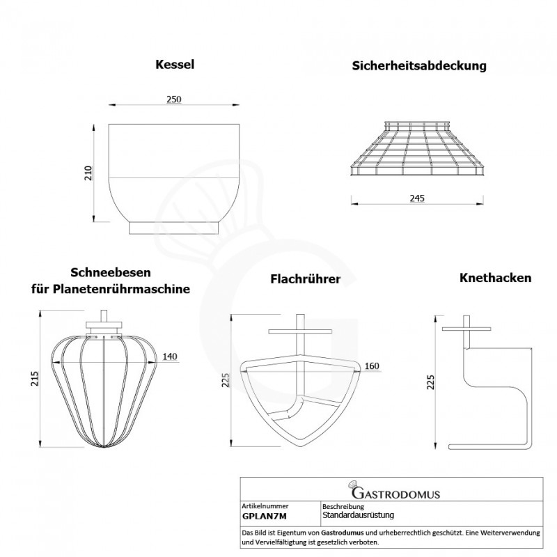 Tisch-Planetenrührmaschine, herausnehmbarer Kessel, 7 L, einphasig