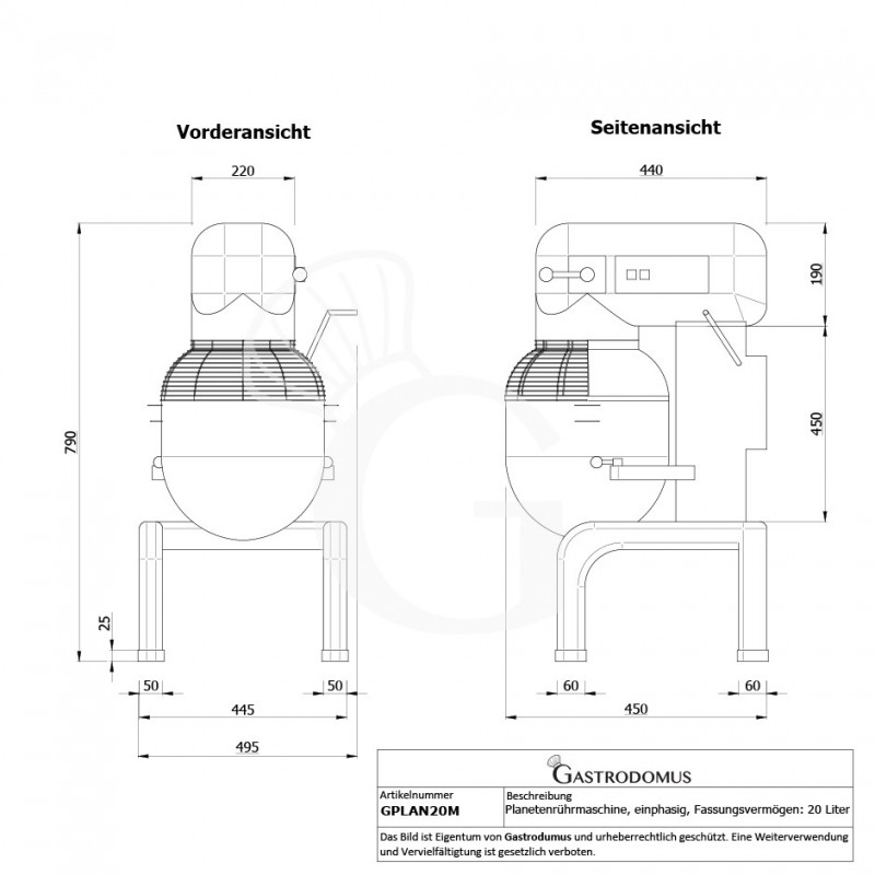 Tisch-Planetenrührmaschine, 20 L, einphasig, 3 Geschwindigkeiten