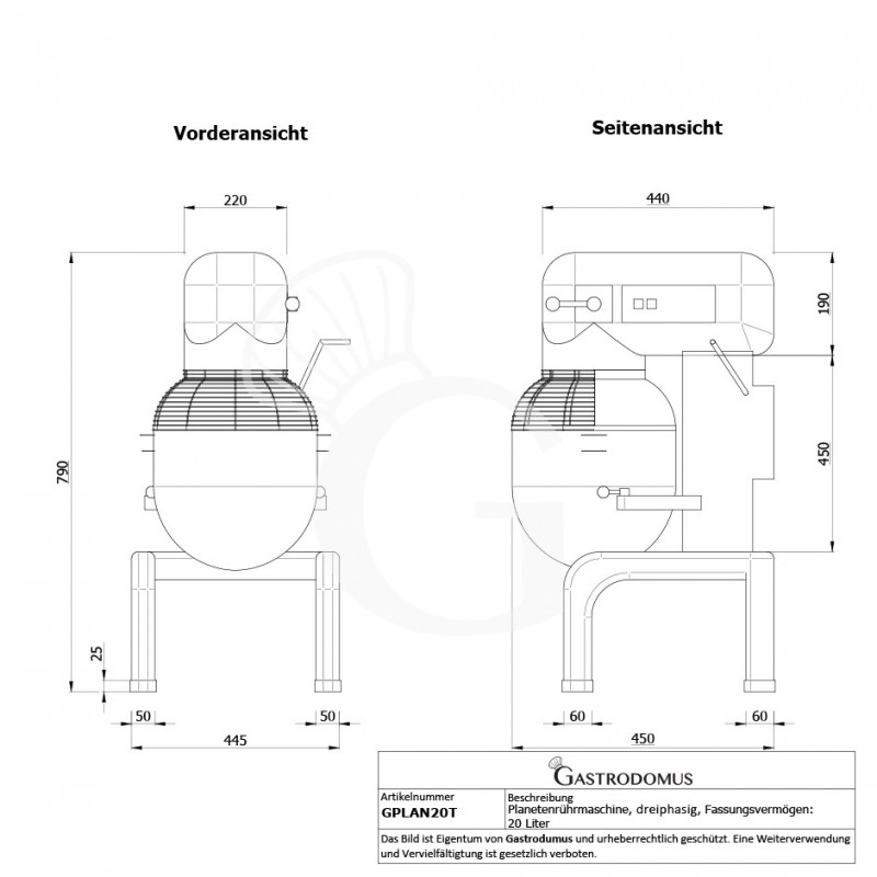 Tisch-Planetenrührmaschine, fixer Maschinenkopf, 20 L, dreiphasig, 3 Geschwindigkeiten