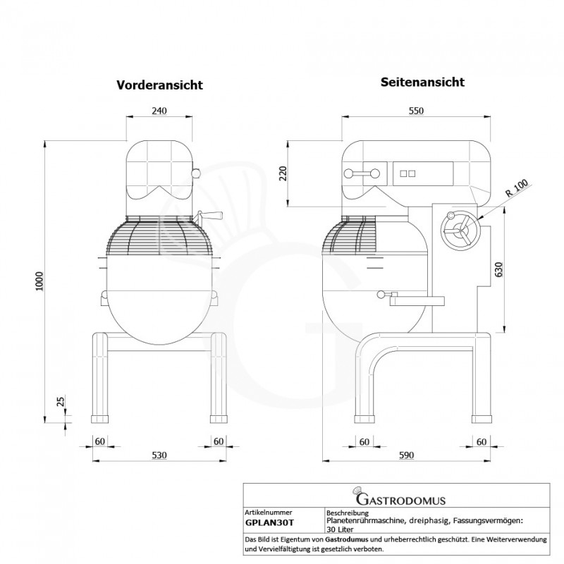 Tisch-Planetenrührmaschine, fester Kopf, 30 L, dreiphasig, 3 Geschwindigkeiten