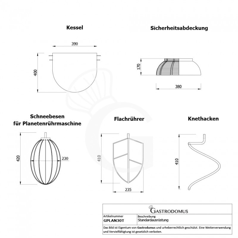 Tisch-Planetenrührmaschine, fester Kopf, 30 L, dreiphasig, 3 Geschwindigkeiten