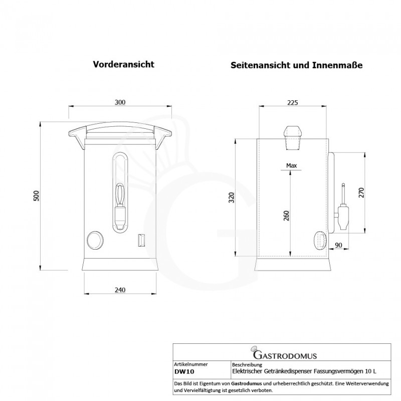 Elektrischer Getränkespender (10 Liter), Edelstahl  - Maße