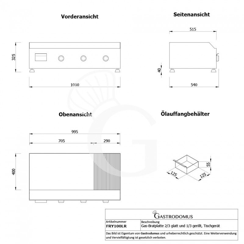 Gas-Bratplatte - 3/4 glatt, 1/4 gerillt (B 1000 mm x T 540 mm x H 325 mm), Tischgerät