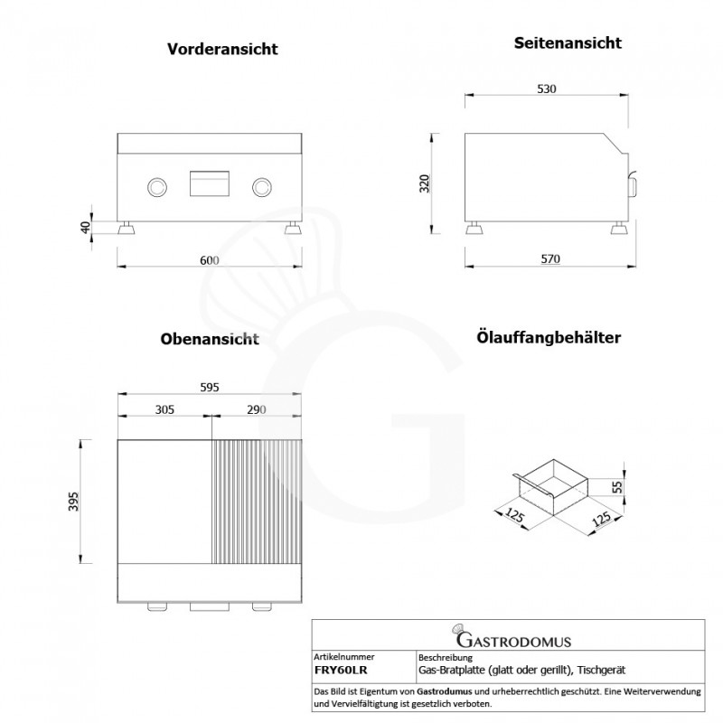 Gas-Bratplatte - glatt/gerillt (B 600 mm x T 570 mm x H 320 mm), Tischgerät
