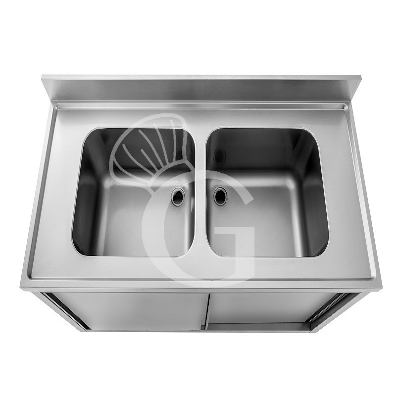 Spülschrank, Edelstahl, Schiebetüren, 2 Becken, Aufkantung, B 1100 mm x T 700 mm x H 950 mm