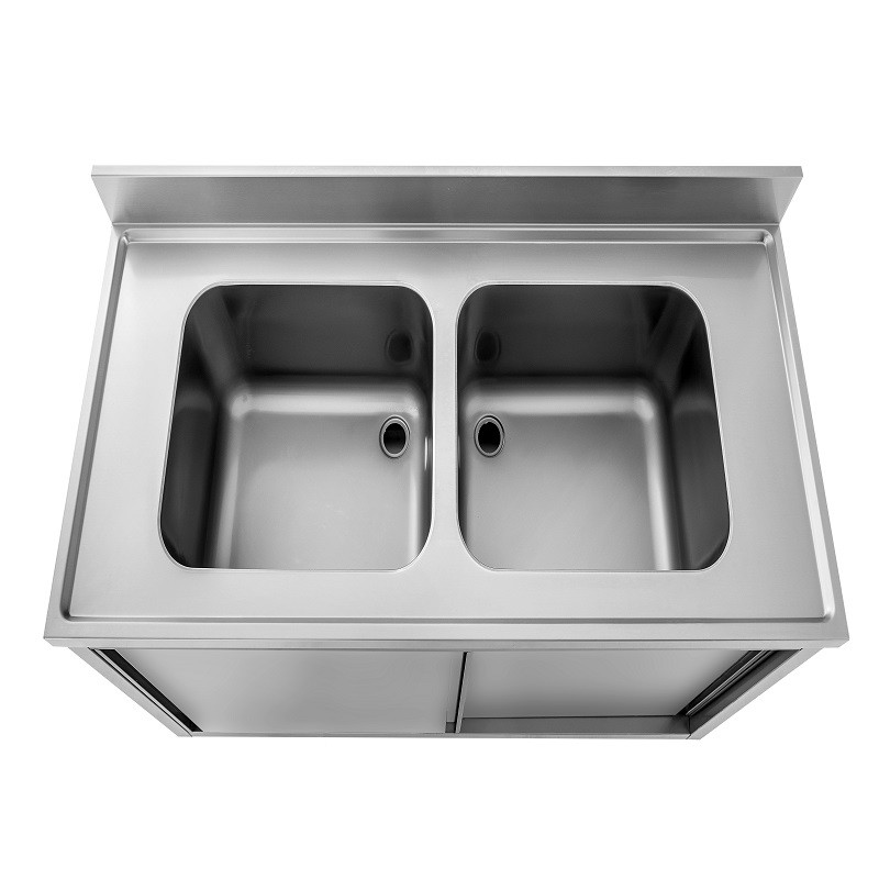 Spülschrank, Edelstahl, Schiebetüren, 2 Becken, Aufkantung, B 1100 mm x T 700 mm x H 950 mm