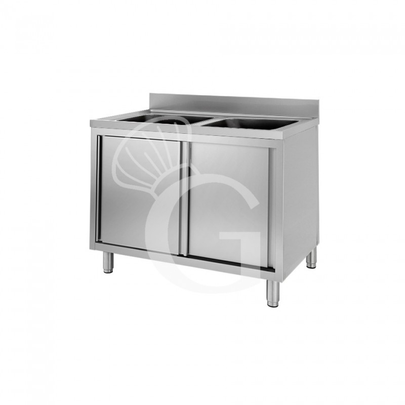 Spülschrank, Edelstahl, Schiebetüren, 2 Becken, Aufkantung, B 1100 mm x T 700 mm x H 950 mm