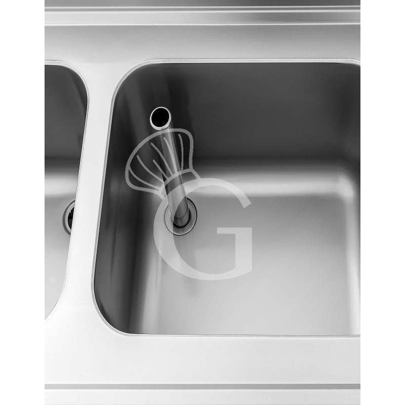 Spültisch, Edelstahl, 1 Grundboden, Aufkantung, 2 Becken, Hahnloch (Ø 32 mm), B 1100 mm x T 700 mm x H 965 mm