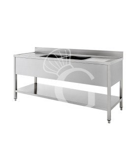 Spültisch, Edelstahl, 2 Becken, 2 Abtropfflächen, Grundboden, Aufkantung, B 1800 mm x T 600 mm x H 950 mm