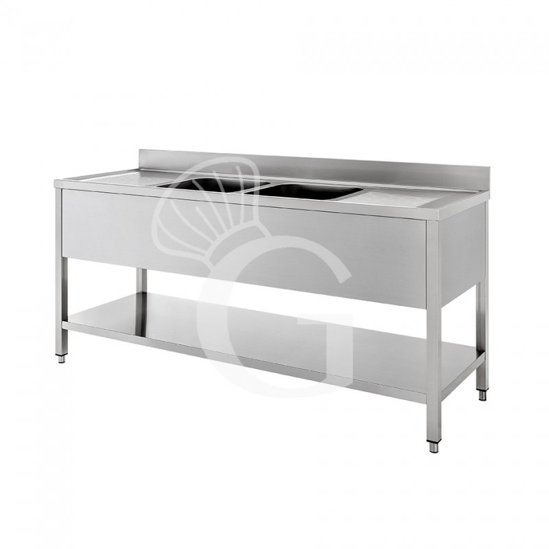 Spültisch, Edelstahl, 2 Becken, 2 Abtropfflächen, Grundboden, Aufkantung, B 1800 mm x T 600 mm x H 950 mm