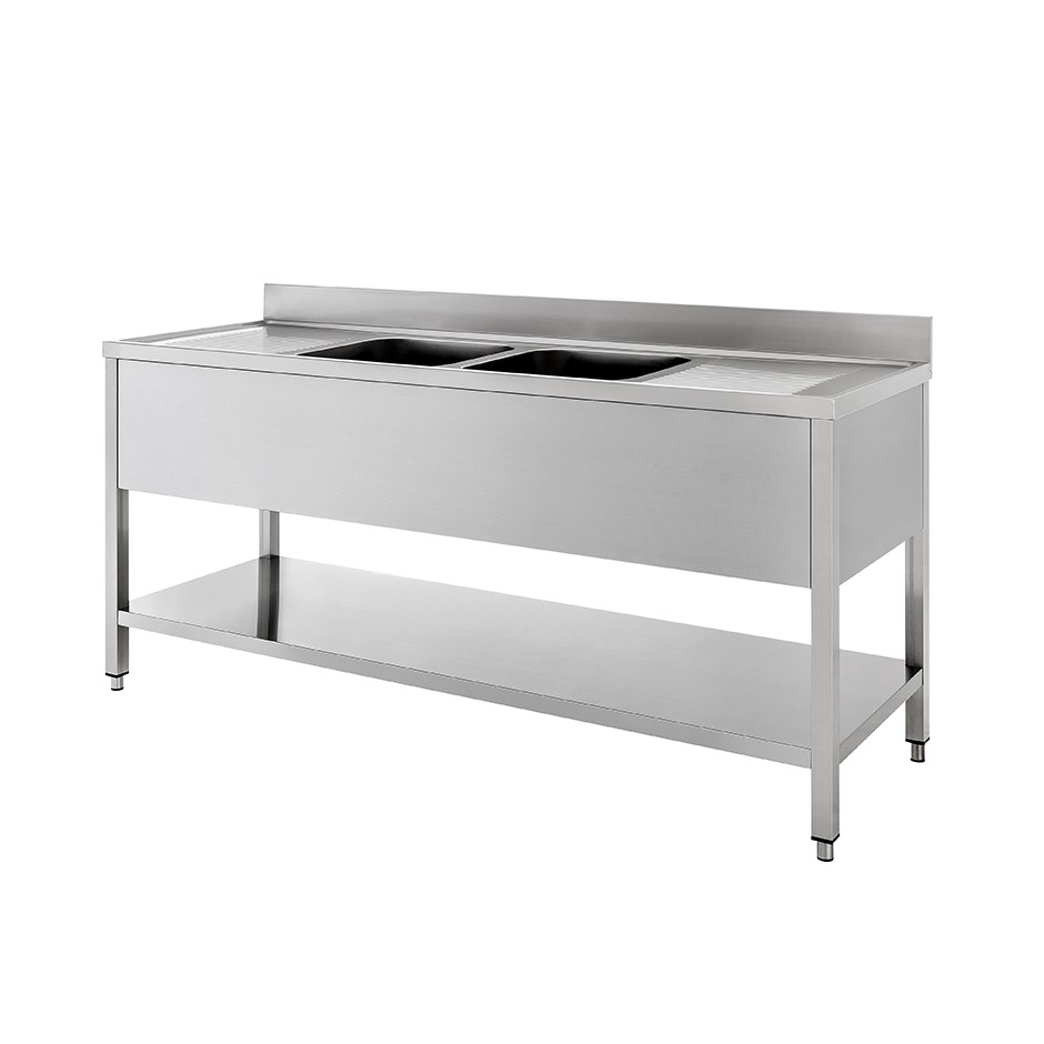 Spültisch, Edelstahl, 2 Becken, 2 Abtropfflächen, Grundboden, Aufkantung, B 1800 mm x T 600 mm x H 950 mm