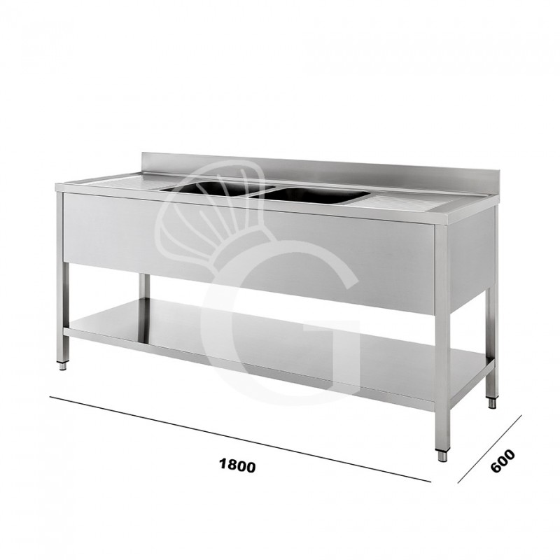 Spültisch, Edelstahl, 2 Becken, 2 Abtropfflächen, Grundboden, Aufkantung, B 1800 mm x T 600 mm x H 950 mm