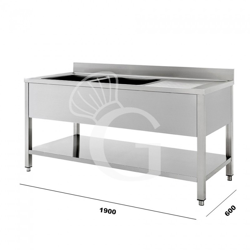 Spültisch, Edelstahl, Grundboden, Aufkantung, 2 Becken, Abtropffläche rechts, Hahnloch (Ø 32 mm), B 1900 x T 600 x H 965 mm