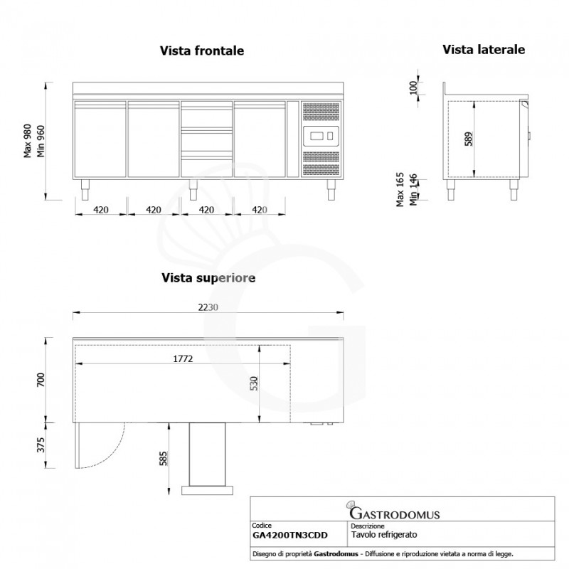 copy of Tavolo refrigerato - 3 porte e 3 cassetti - alzatina - Prof. 700 -2°C/+8°C