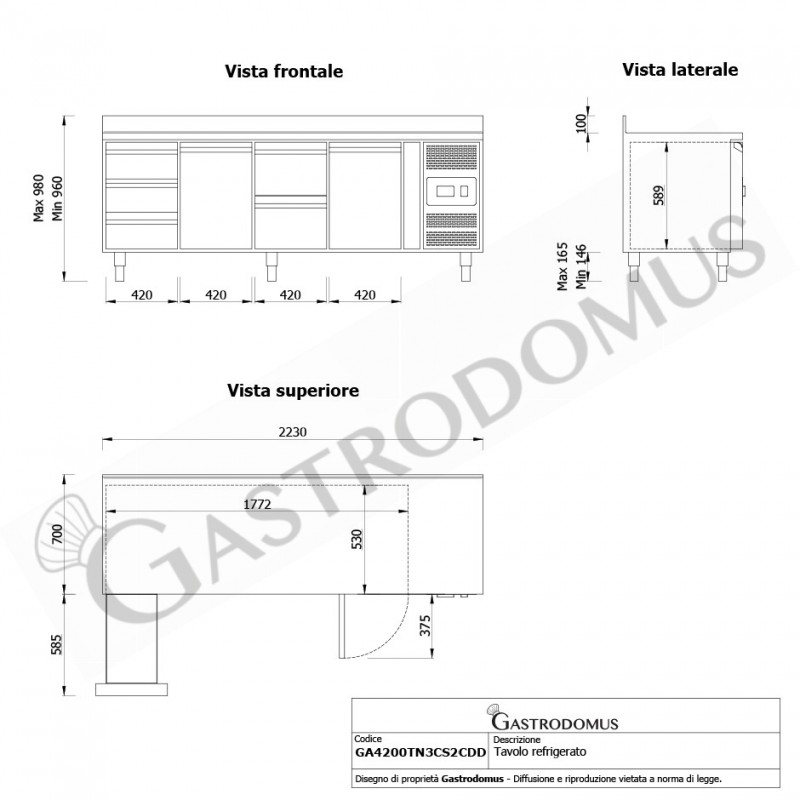 Kühltisch, 2 Türen, 5 Schubladen, Aufkantung, Tiefe 700 mm, -2°C/+8°C